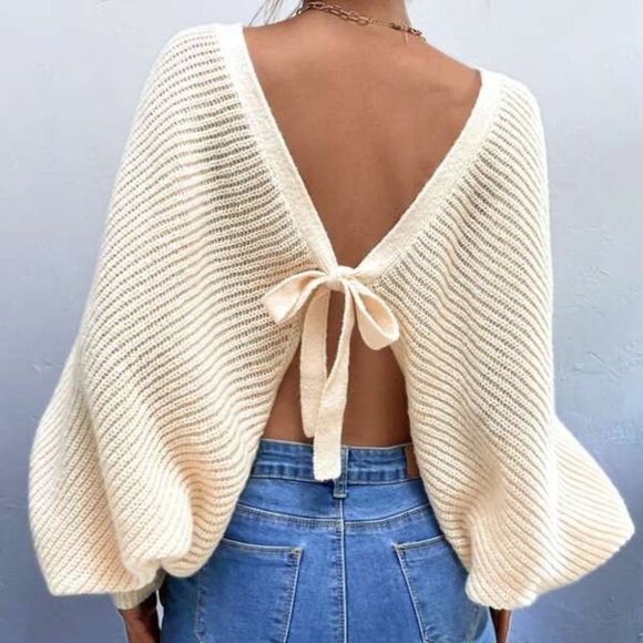 Sweaters - Cozy open tie back knit sweater top dusty APRICOT
